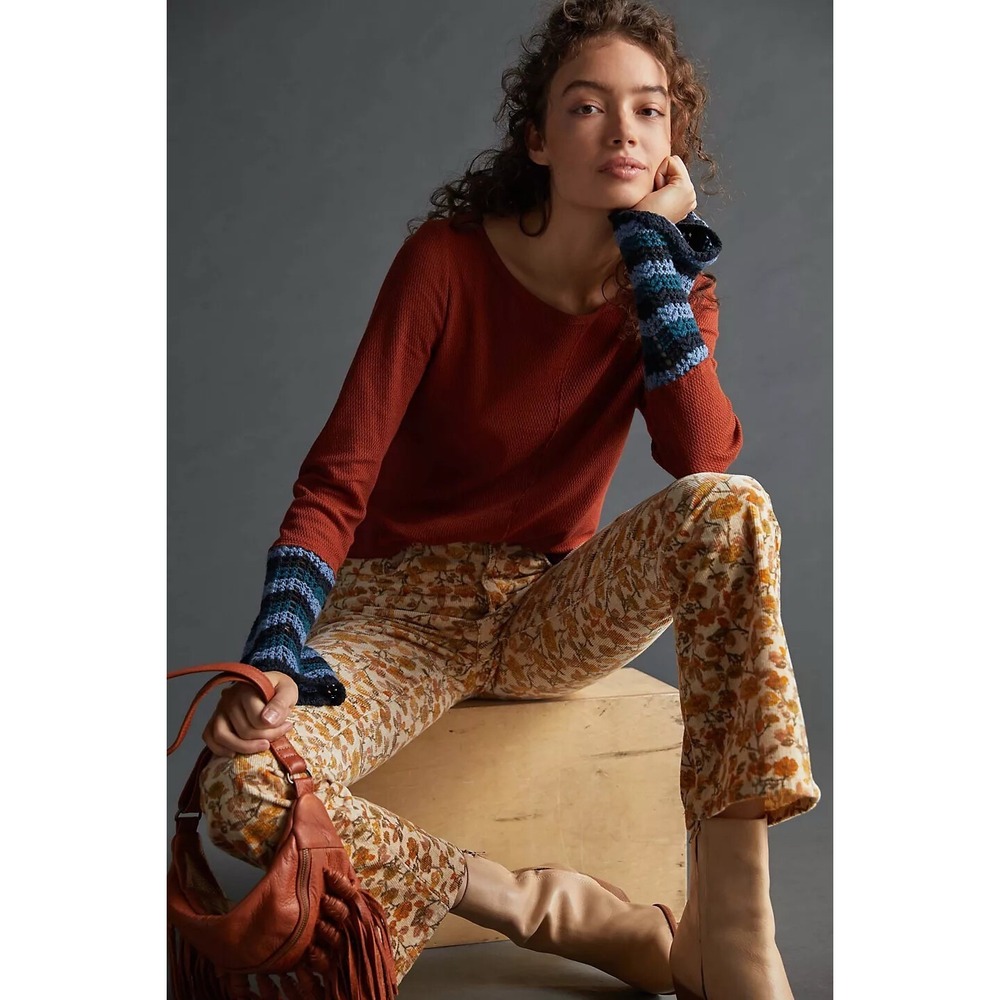 Anthropologie PILCRO Crochet Cuffed Thermal Top Cedar Pullover Stripes Small